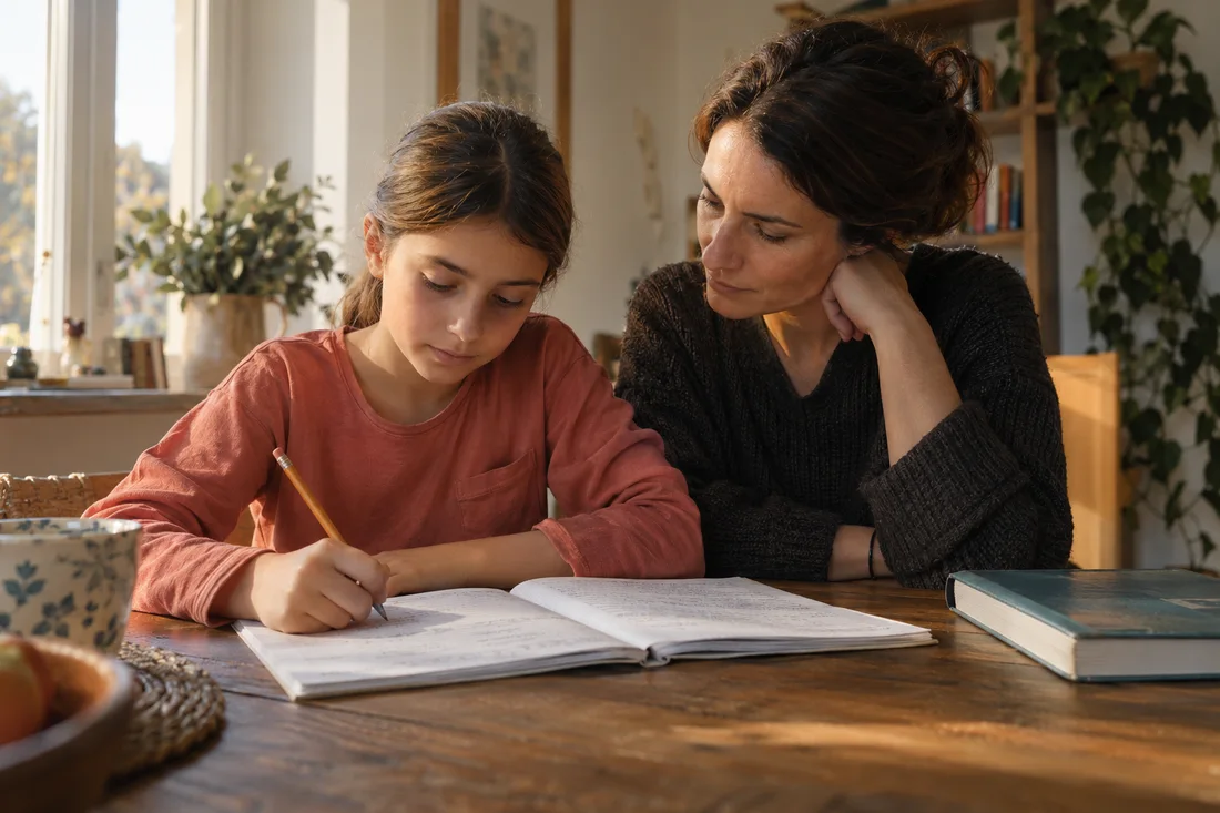Illustrative family moment: a parent sits beside a child finishing homework.