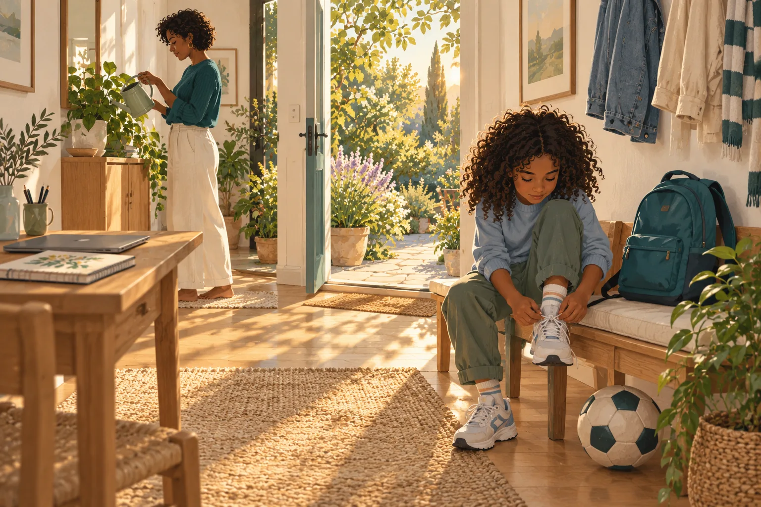 A child tying her trainers to go outside, while her mother waters a plant nearby.